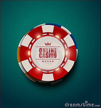 Vector casino poker chips with luminous light elements, top view. Blue green textured background. Online casino, blackjack poster Vector Illustration