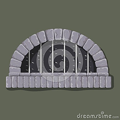 Vector castle medieval dungeon window with strong grunge steel and darkness inside. Castle prison window with realistic stones. Vector Illustration