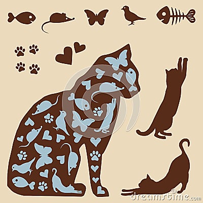 Vector cat themed silhouettes, cats and what they love Vector Illustration