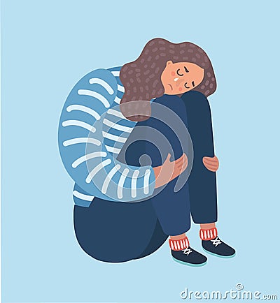 Sad girl sitting and unhappily hugging her knees. Vector Illustration