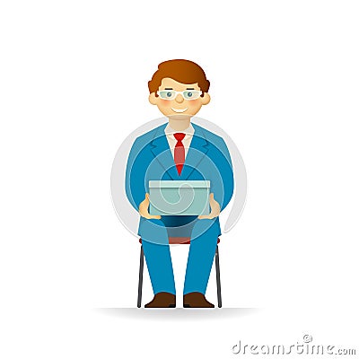 Vector caucasian man character in business suit sitting on chair and holding box Vector Illustration