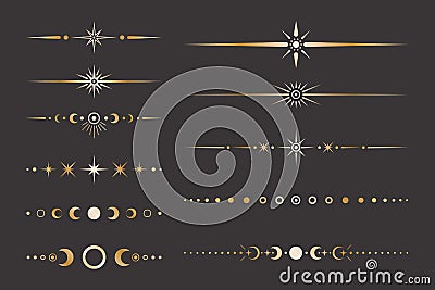 Vector celestial golden border set with stars, moon phases, crescents and dots. Collection of shiny magical isolated clipart Vector Illustration