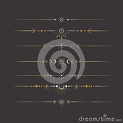 Vector celestial golden border set with stars, moon phases, crescents and dots. Collection of ornate magical isolated clipart Vector Illustration