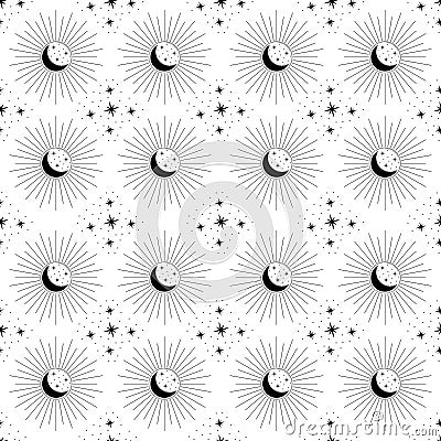 Vector celestial seamless pattern. Isolated linear blask and white cosmic elements. Sun, Moon and stars glyphs on white background Vector Illustration