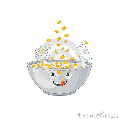 Vector cereal bowl, corn flakes falling into a bowl isolated on white background, funny cartoon character. Vector Illustration