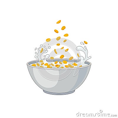 Vector cereal bowl, Corn Flakes falling into a bowl isolated on white background. Vector Illustration