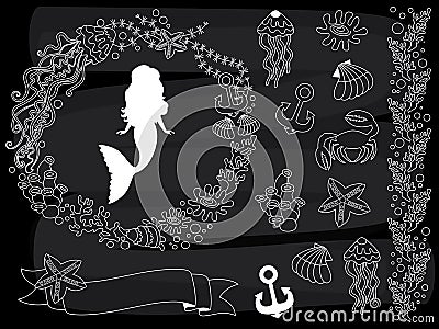 Vector Chalkboard Sea Life Set. Vector Set of Nautical Elements on Blackboard Background. Vector Illustration