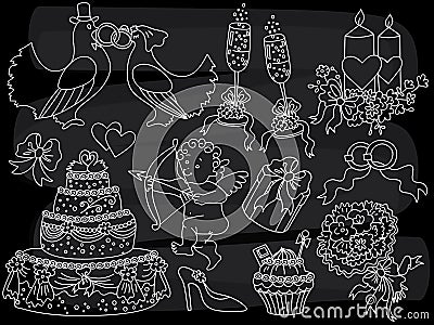 Vector Chalkboard Wedding Doodle Set. Vector Retro Wedding Chalk Sketch Elements Vector Illustration