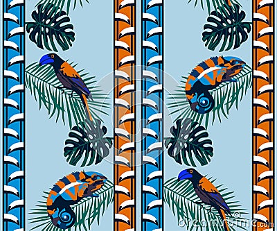 Vector chameleons and exotic birds pattern. Ethnic seamless pattern ornament. Vector pattern. Stock Photo