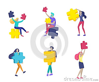 Vector character business people with infographic of puzzle have solution. Goal thinking. Cooperation by group to create Vector Illustration