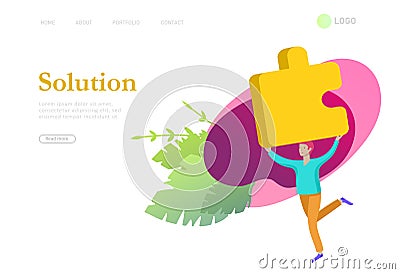 Vector character business people with infographic of puzzle have solution. Goal thinking. Cooperation by group to create a team. Cartoon Illustration