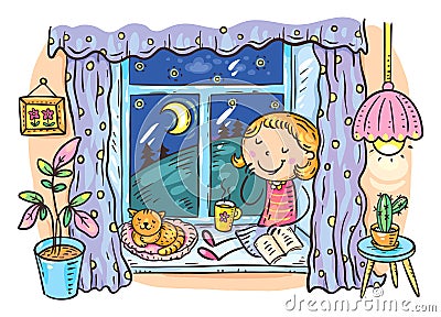 Vector character girl drinks tea in the evening sitting with her cat on the windowsill Vector Illustration