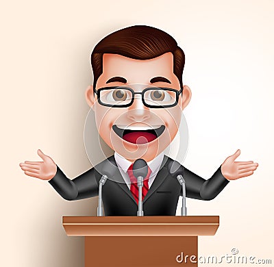 Vector Character Happy Politician Man or Speaker in Conference Speech Vector Illustration