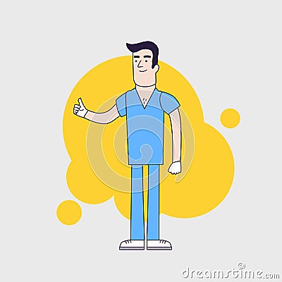 Vector character of happy surgeon in medical uniform. Doctor in professional clothes and hat. Flat line style design. Stock Photo
