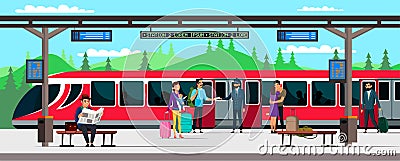 Vector character illustration of train station and passengers Vector Illustration