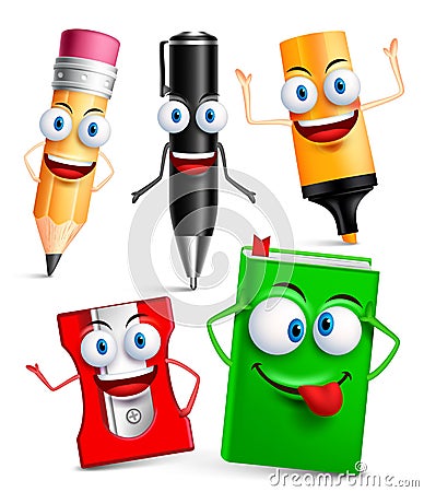 Vector character of school items funny mascot 3D set with gestures Vector Illustration