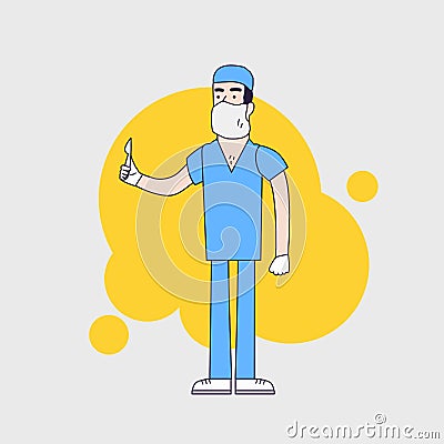 Vector character of surgeon in medical uniform. Doctor in professional clothes,mask and hat. Surgeon holds scalpel. Flat line Stock Photo