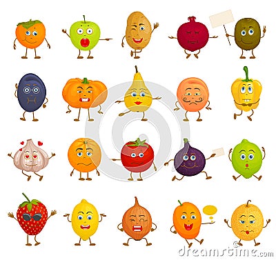 Vector Characters. Cartoon vegetables and fruits with different emotions. Vector Illustration