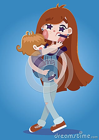 Vector characters creative mother with little toddler baby boy on her hands. Stock Photo