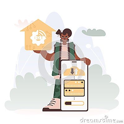 A Vector Chart of a Energized lady Holding a Family Picture with the Carving IoT, Celebrating Sharp Private Organize and Vector Illustration