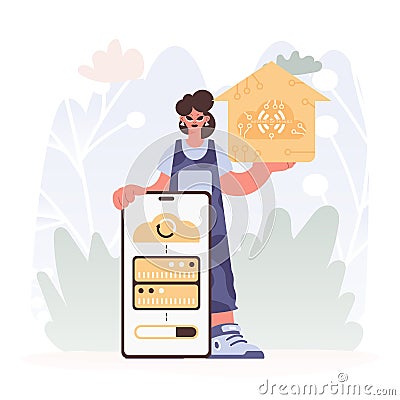 A Vector Chart of a Energized lady Holding a Family Picture with the Carving IoT, Celebrating Sharp Private Organize and Vector Illustration