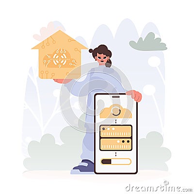 A Vector Chart of a Enthusiastic woman Holding a Family Picture with the Carving IoT, Celebrating Sharp Private Organize Vector Illustration