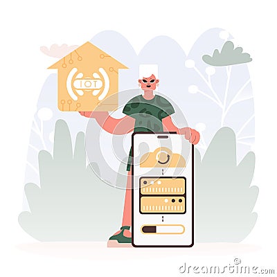 A Vector Chart of a Excited lady Holding a Family Picture with the Carving IoT, Celebrating Sharp Private Organize and Vector Illustration