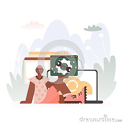 A Vector Chart of a man Holding a Browser Window with Gears and Torque, Idealize for Tech and Advance Concepts. Vector Illustration