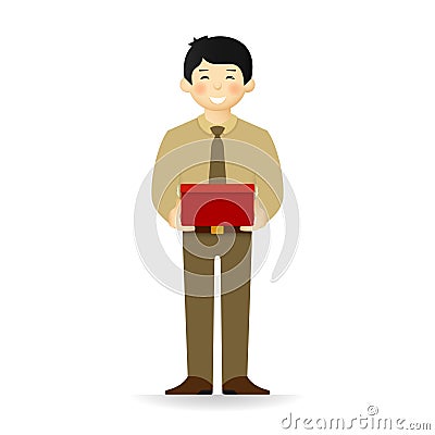 Vector cheeky asian man in business suit posing. Standing and holding wide box Vector Illustration