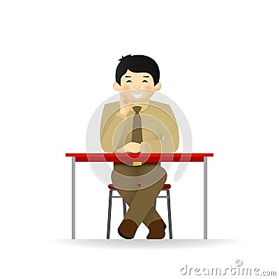 Vector cheeky asian man in sweater and shirt posing. Sitting at table. Vector Illustration