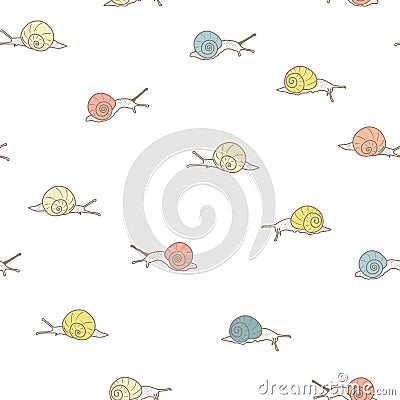 Vector Cheerful Snails Lineart on White seamless pattern background. Vector Illustration