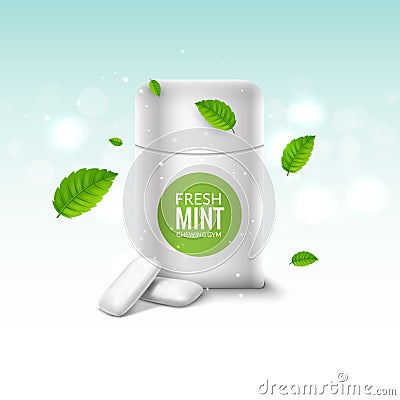 Vector chewing gum package box and green mint for fresh breath. Dental health chewing gum background Vector Illustration