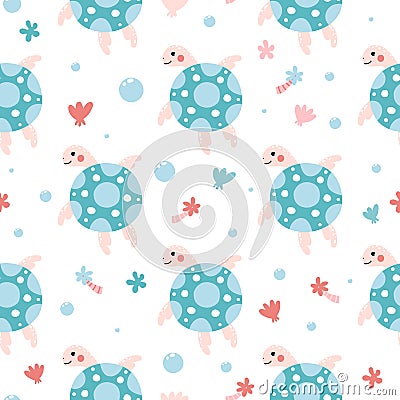 Vector childish seamless pattern with cute sea turtles on white background Stock Photo