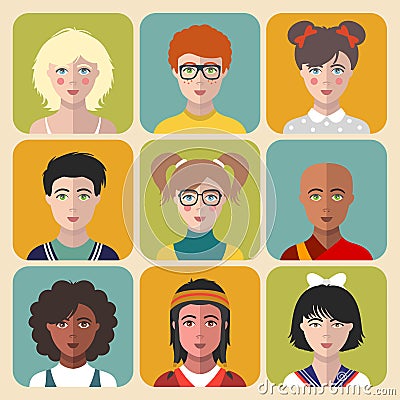 Vector children avatars. Set of different nationality kids faces in flat style. Girls and boys portraits app icons. Vector Illustration