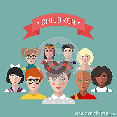 Vector children avatars.Set of different nationality kids faces in trendy flat style.Girls and boys portraits app icons. Vector Illustration