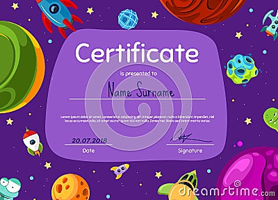 Vector children diploma or certificate with cartoon space planets Vector Illustration