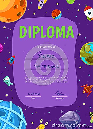 Vector children diploma or certificate template with cartoon space planets and ships Vector Illustration