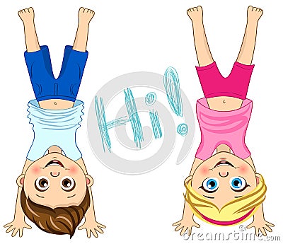 Vector children standing upside down. Friends. Cute kids illustration Vector Illustration