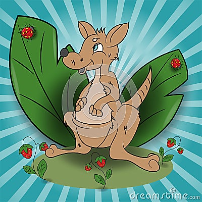 Childrens illustration of a small kangaroo in a clearing among the raspberry leaves Vector Illustration