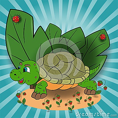 Childrens illustration of a small turtle in a clearing among the raspberry leaves Vector Illustration