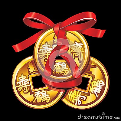 Vector Chinese coin tied with red ribbon. Stock Photo