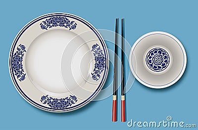 Vector of Chinese porcelain with chopsticks Vector Illustration