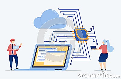 Vector of chip or processor with machine learning assists in programming accounting from a laptop to the cloud, enabling secure Vector Illustration