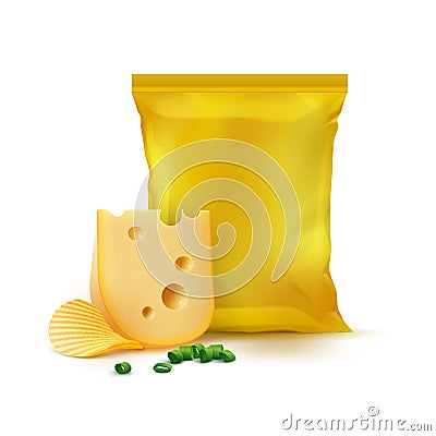 Vector Chips, Cheese Onion and Yellow Plastic Bag Vector Illustration