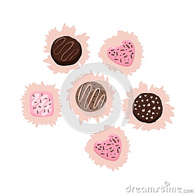 Vector chocolates of different shapes, milk, black chocolate with decor. Vector Illustration