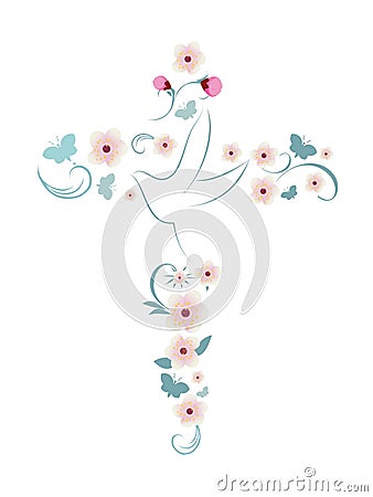 Elegant Christian cross isolated with dove pink flowers and butterflies Stock Photo