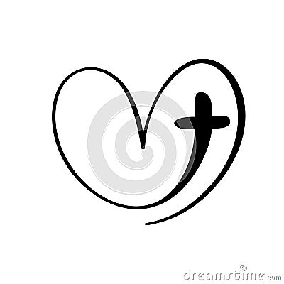 Vector Christian logo Heart with Cross on a White Background. Hand Drawn Calligraphic symbol. Minimalistic religion icon Vector Illustration