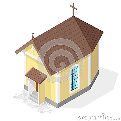 Vector Christian small church, isometric perspective, isolated on white background. Vector Illustration