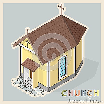 Vector Christian small church, isometric perspective, on white background. Vector Illustration