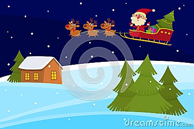 Vector Christmas banner of cute cartoon landscapes with Santa Claus Vector Illustration